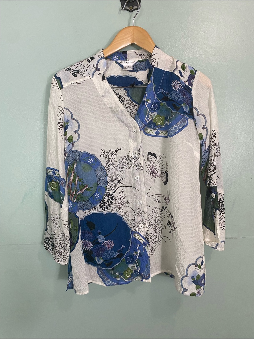 Citron Floral Butterfly Silk Blouse Top Artsy Button‎ Down Small